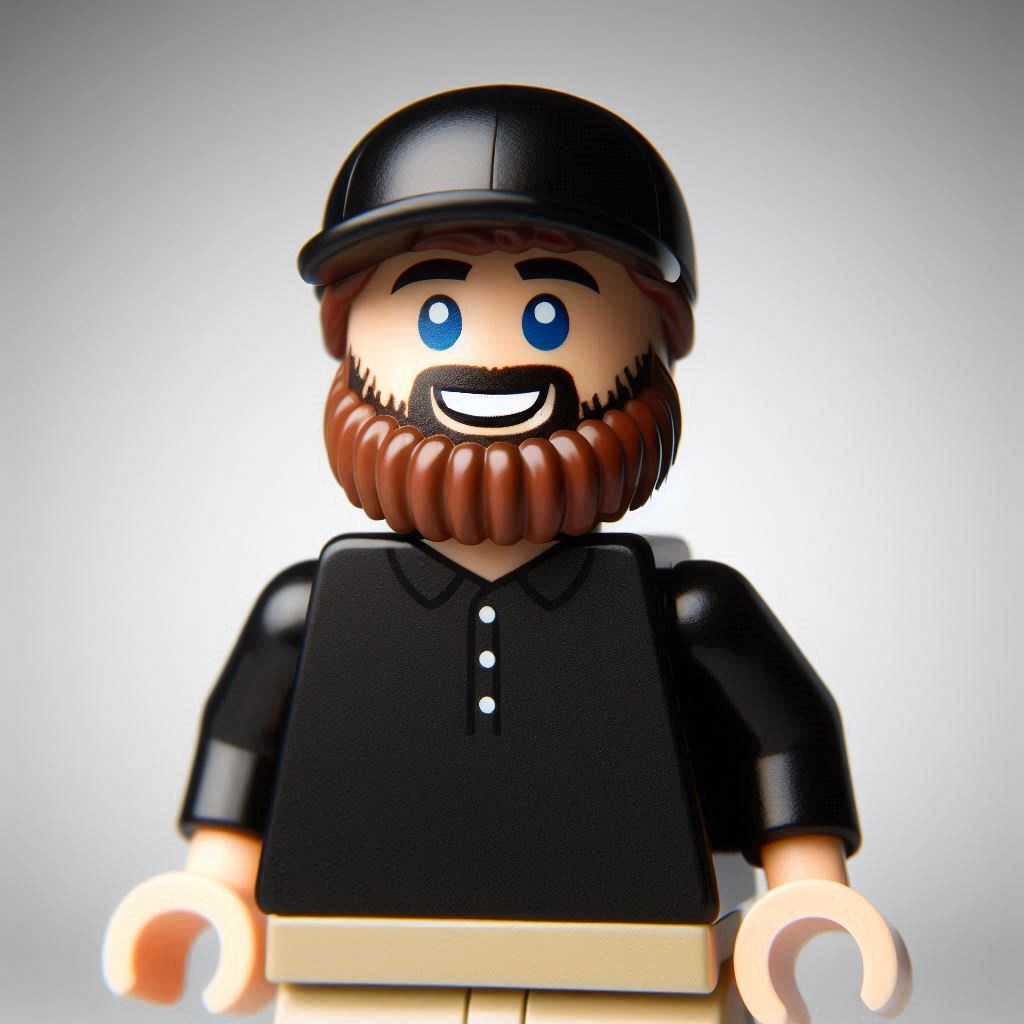 Créer une figurine de lego dun homme avec une casquette noire, une très grosse barbe brune, des yeu