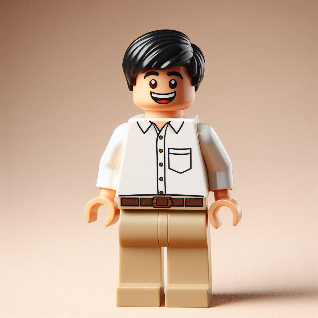 Create a man lego minifigure with a white blouse and a pair of beige pants. Whit realy short black h