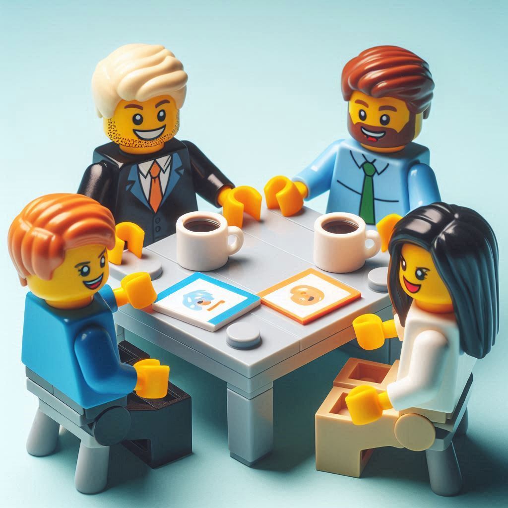 Create a meeting wwith lego mini figure around a table. The legos are laghing and working. One of th